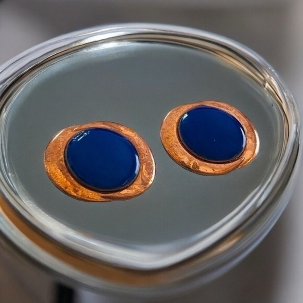 Antique Copper Blue Glass Button Clip On Earrings 1.25" Signed Genuine Copper - Picture 3 of 8